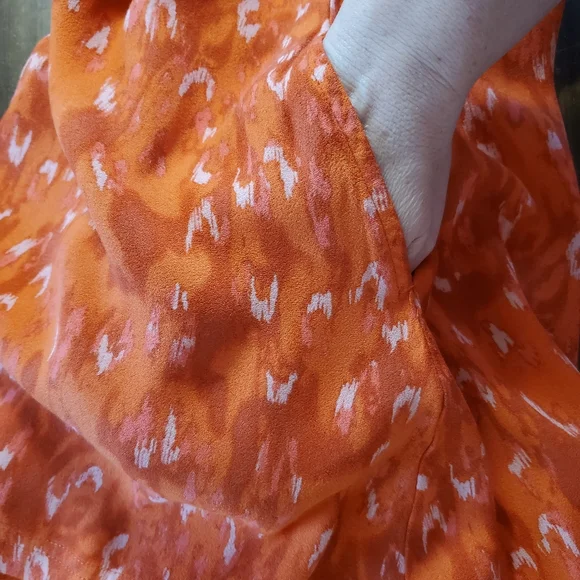 Free People Sze M Dress Mini Sleeveless Open Back Orange Abstract Chiffon Pocket - Picture 9 of 11